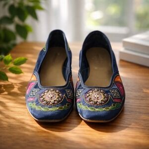 Predictions Navy Blue Satin Embroidered Sequin Boho Ballet Flats Square Toe 9
